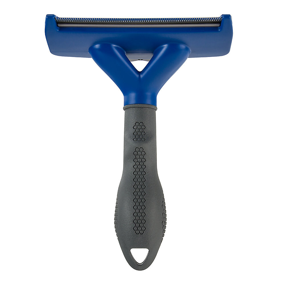 blue deshedding brush with a gray handle