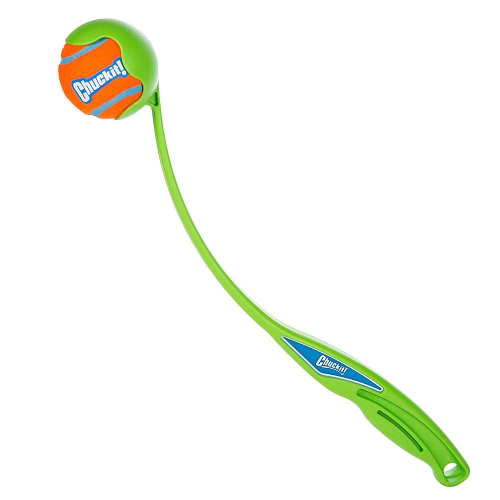 green chuck it ball launcher with an orange ball in the top