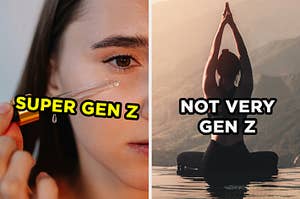 On the left, someone dropping a serum onto their skin labeled "super Gen Z," and on the right, someone doing yoga by the water labeled "not very Gen Z"