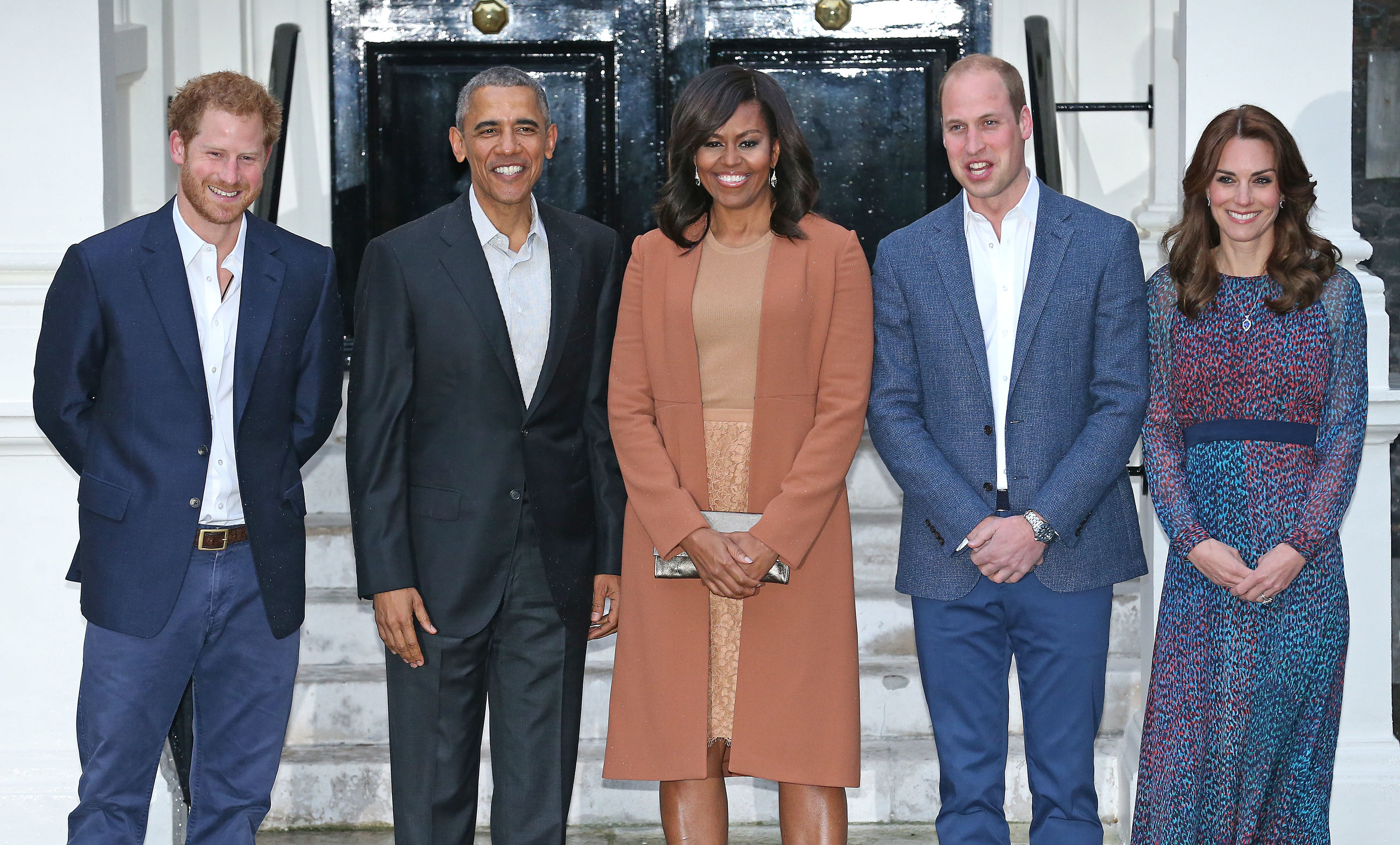 Michelle and Barack Obama stand with Harry as well as Prince William and Kate Middleton