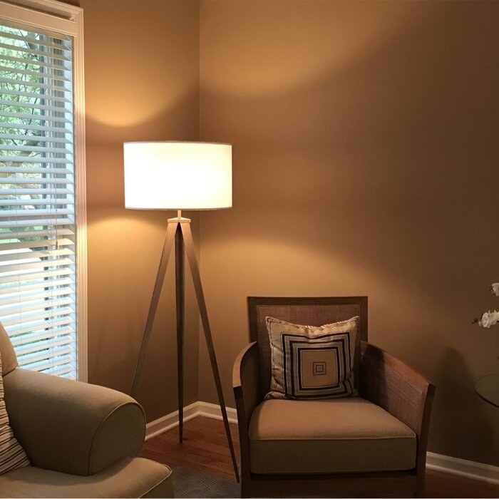 The tripod lamp, with a natural wood base and white drum shade