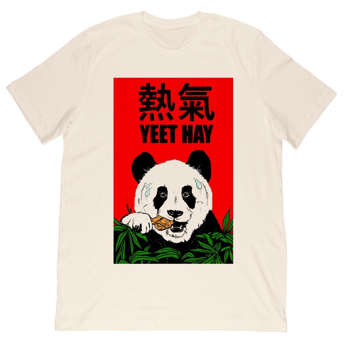 A t-shirt printed with a panda eating a drumstick and the words "Yeet Hay"