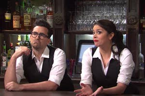 Dan Levy and Cecily Strong playing bartenders on SNL