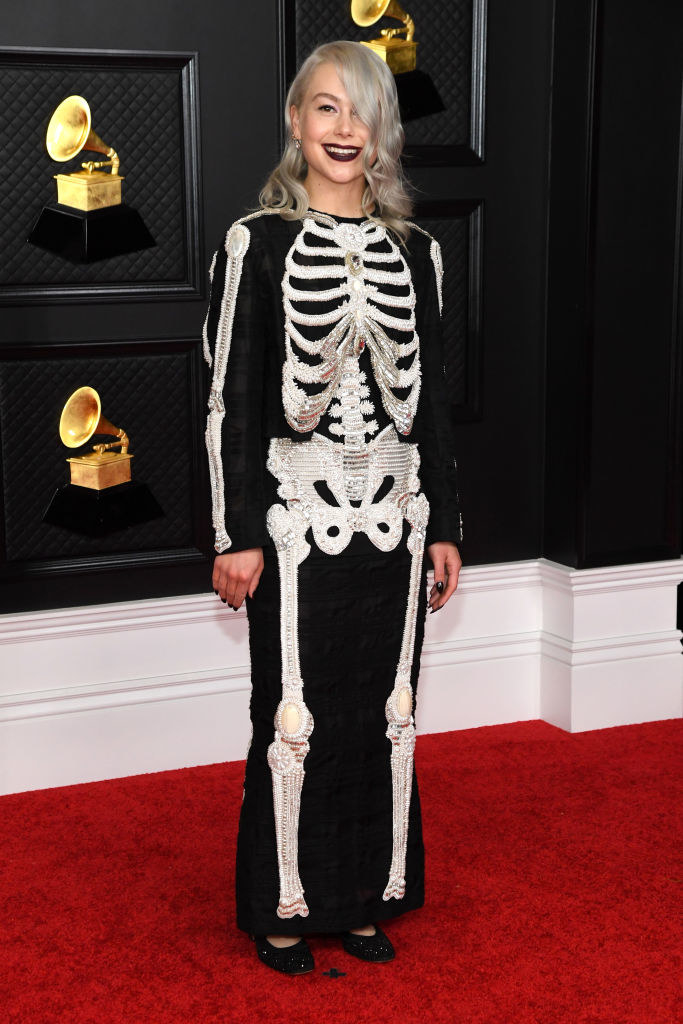 Phoebe wearing a human skeleton dress