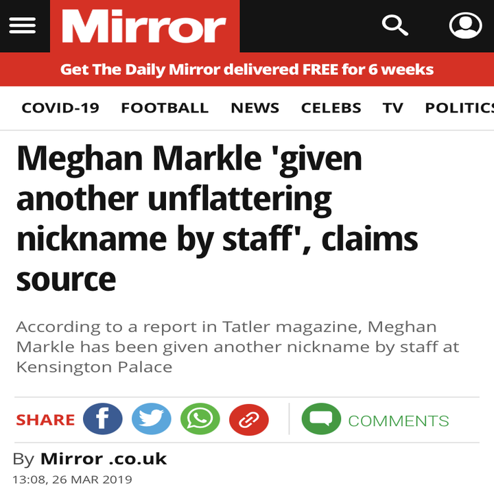 Meghan Markle 'given another unflattering nickname by staff', claims source / According to a report in Tatler magazine, Meghan Markle has been given another nickname by staff at Kensington Palace