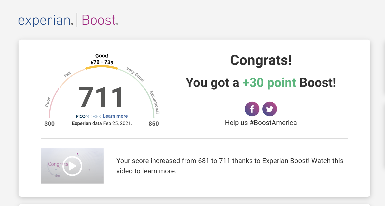 Screenshot of Experian Boost showing a 30-point increase