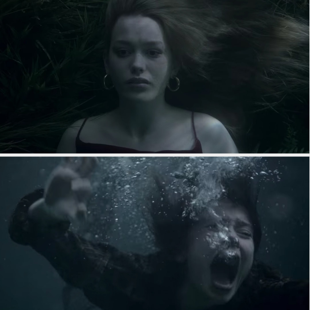 Jamie screams as she swims down and sees Dani dead in the bottom of the lake