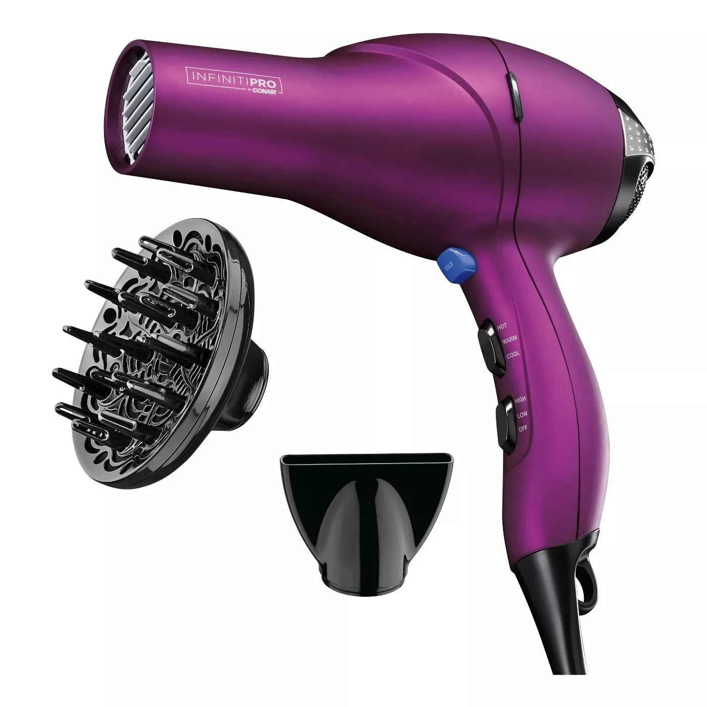 The purple hairdryer with two separate attachments — concentrator and diffuser