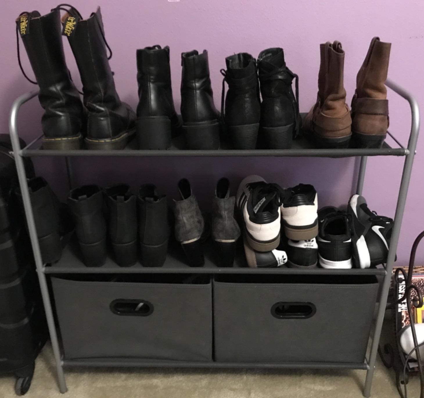 Reviewer photo of shoe rack with storage bins placed in closet