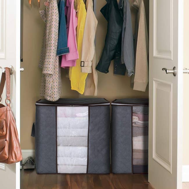 Two storage bags placed at bottom of closet