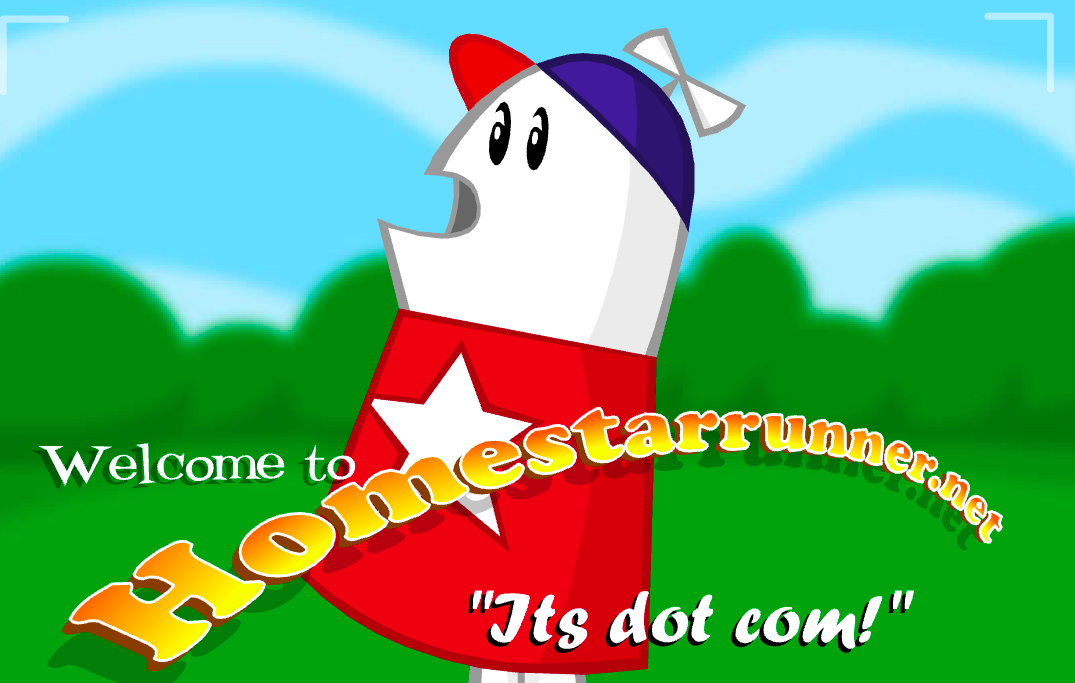 A cartoon shaped like a marshmallow welcoming people to the Homestar Runner site