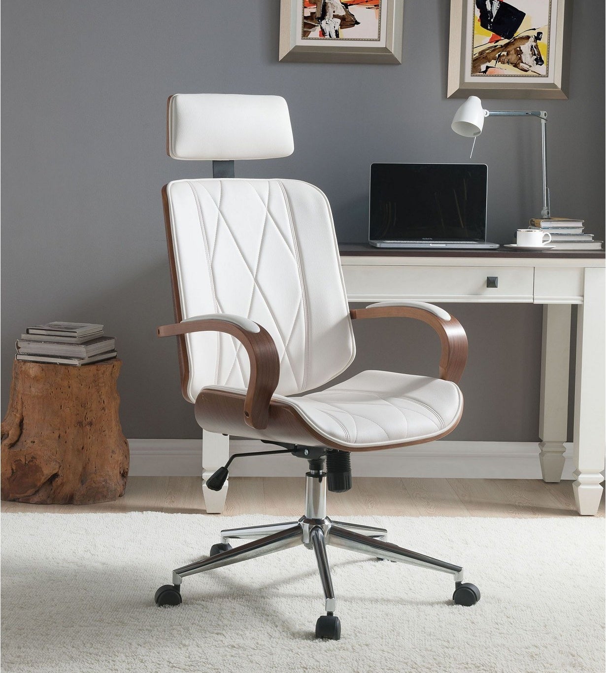 the white office chair which has five wheels