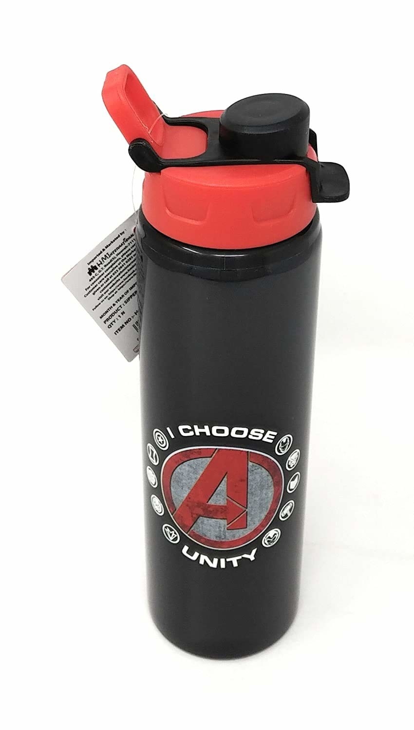 A black bottle with the Avengers logo on it surrounded by motifs of several avengers and the text &#x27;I choose unity.&#x27;