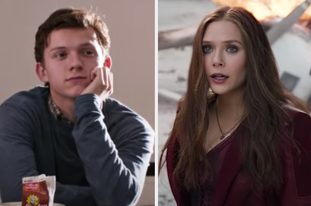 Spider-Man is on the left leaning on his hand with Wanda on the right looking scared