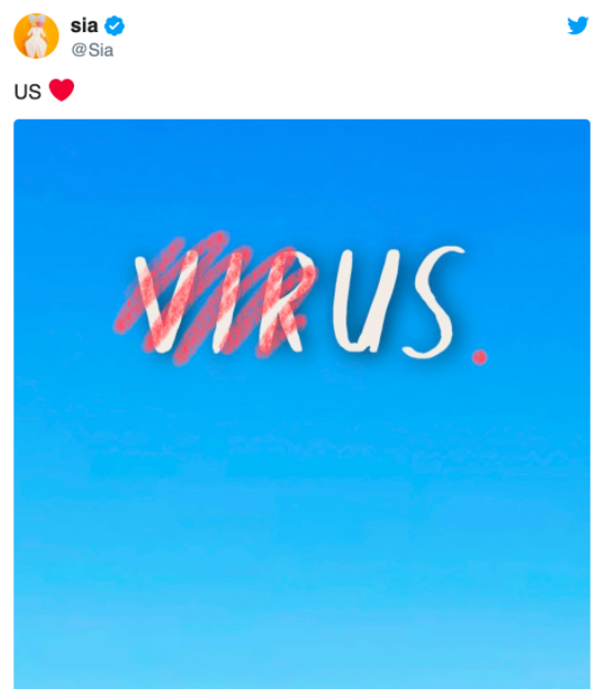 The word &#x27;VIRUS&#x27; with the V I R crossed out leaving the word &#x27;US&#x27;