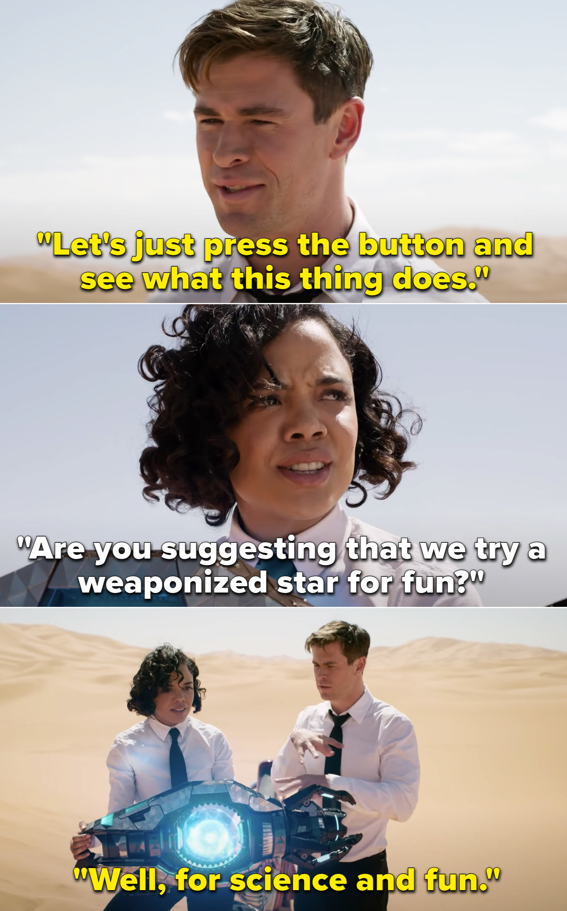 Agent H suggesting that they press a button and see what happens and Agent M saying, "Are you suggesting that we try a weaponized star for fun?"