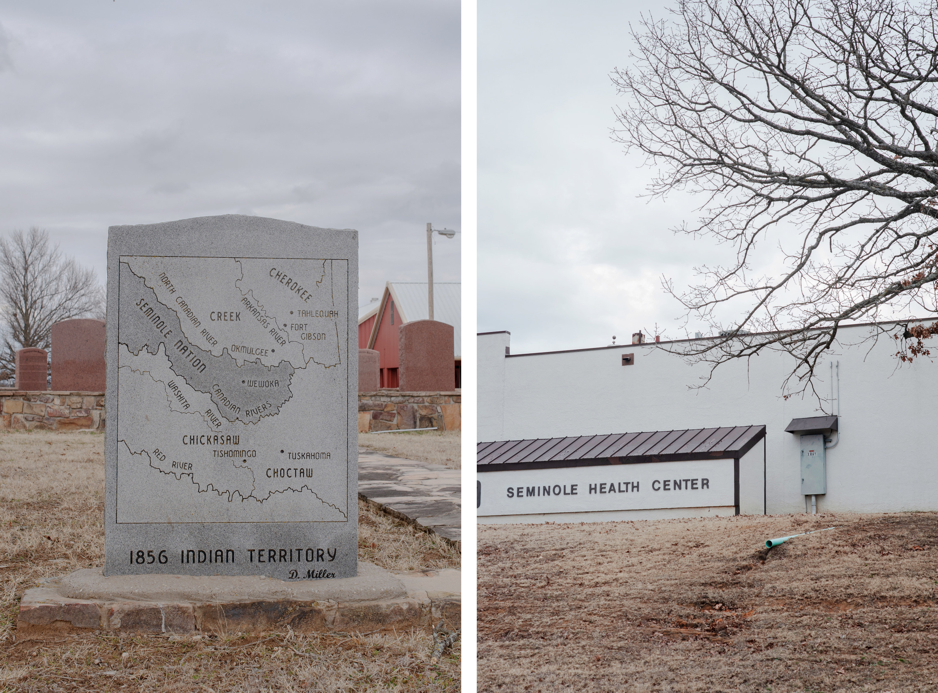 On the left: A monument reads &quot;1856 Indian Territory&quot; and shows how the region was divided among Native tribes. On the right: A building reads &quot;Seminole Health Center&quot;