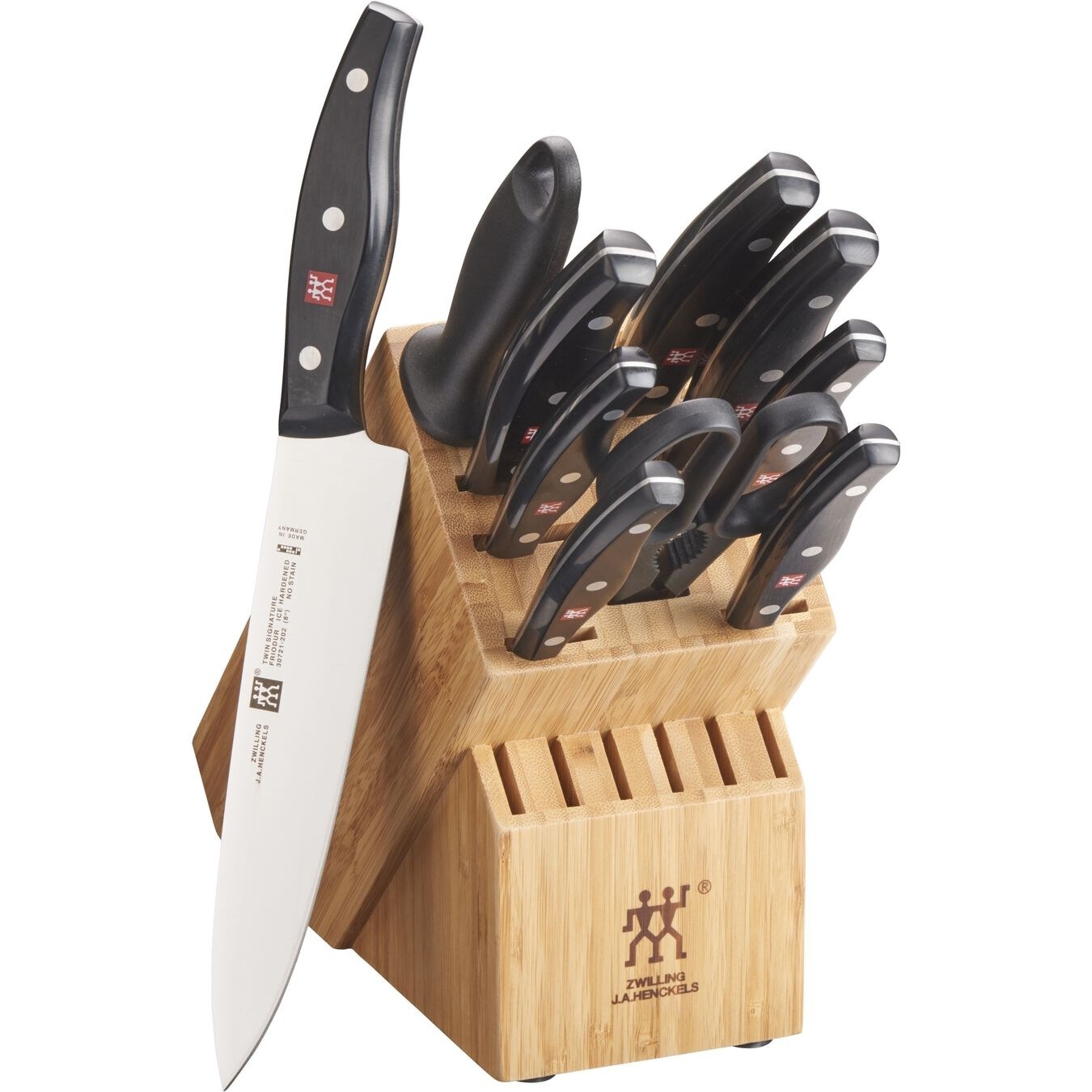 the 11-piece knife block set with silver knives, scissors, and a bamboo block