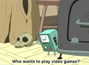 The animated character BMO asking &quot;Who wants to play video games?&quot;