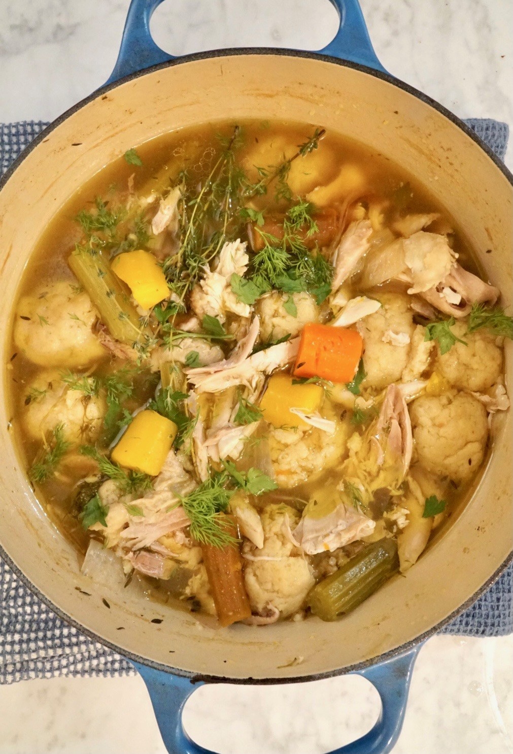 Matzo ball soup with veggies and chicken in a Dutch oven.