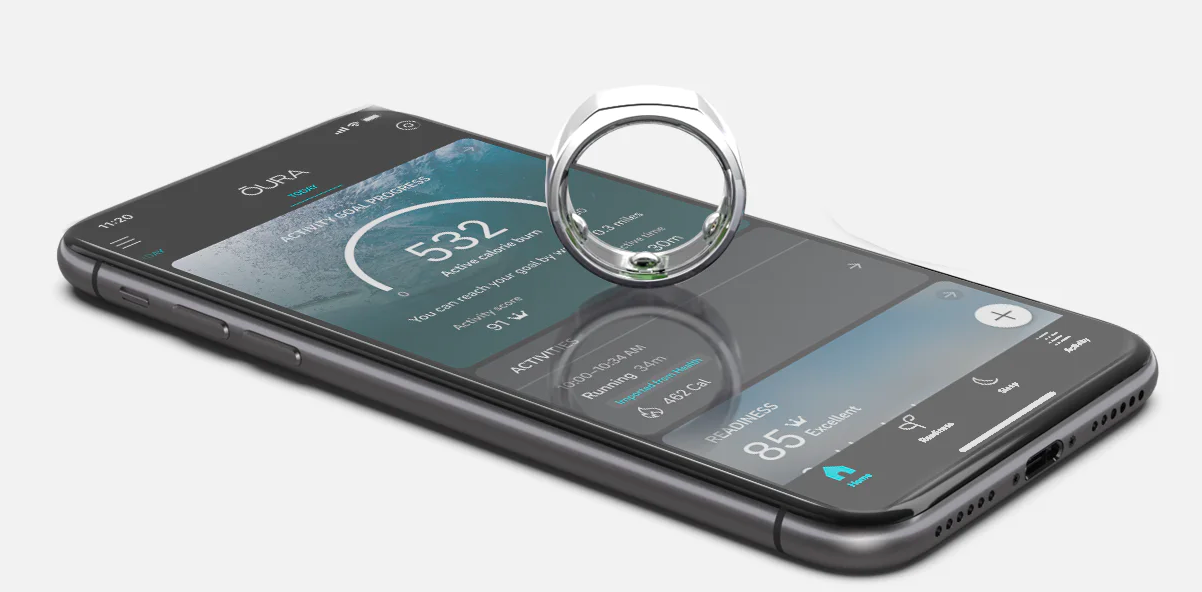 Ring on top of a cell phone showing the stats it has saved from the day on the connected app 