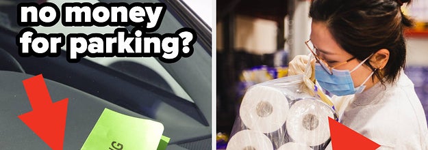 parking ticket next to a woman buying toilet paper in bulk