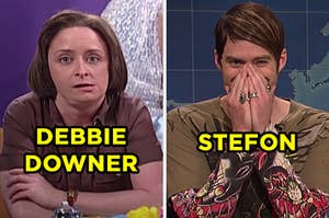 On the left, Rachel Dratch as Debbie Downer on "SNL," and on the right, Bill Hader as Stefon on "SNL"