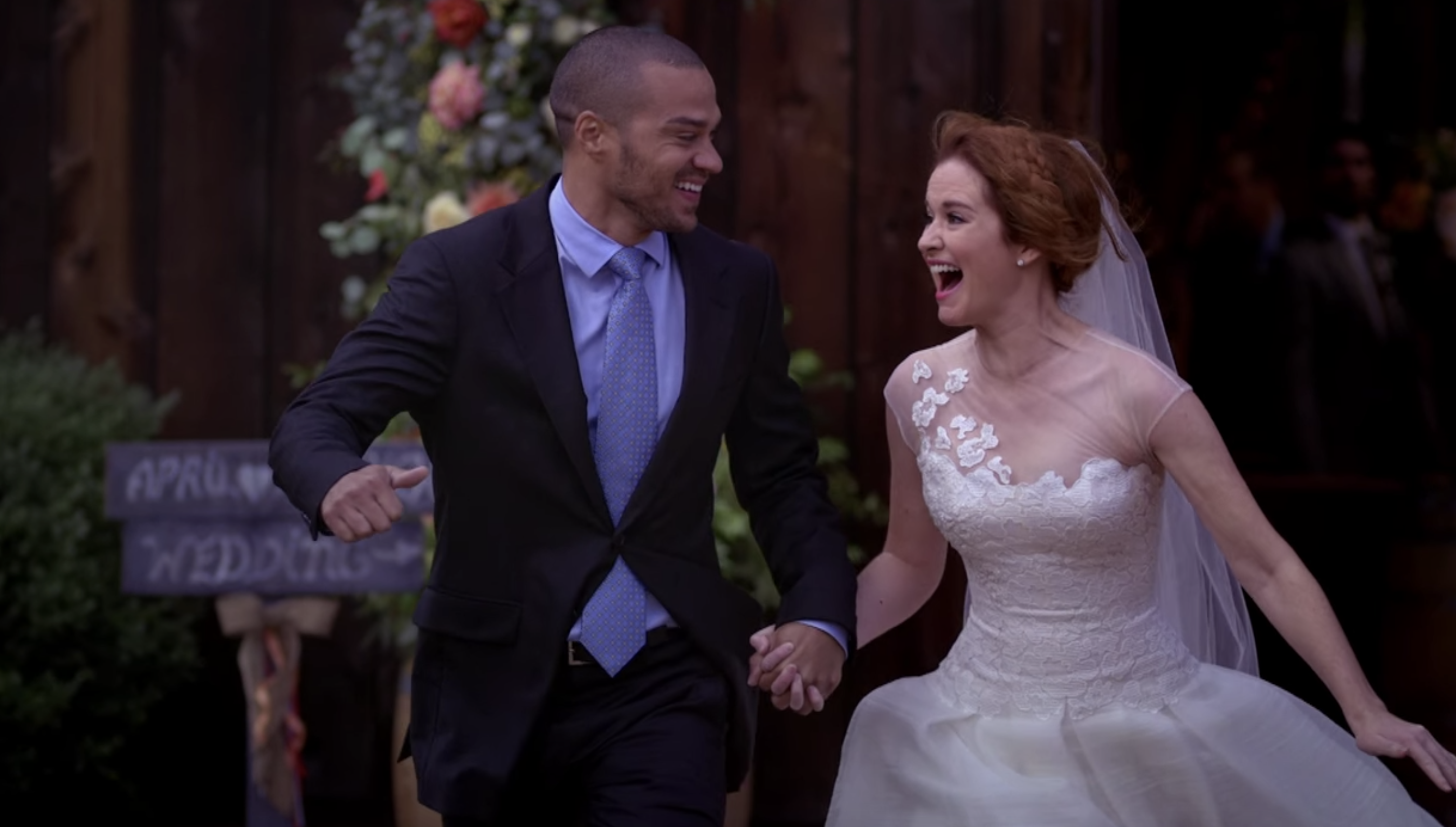 Jackson and April running away from her wedding