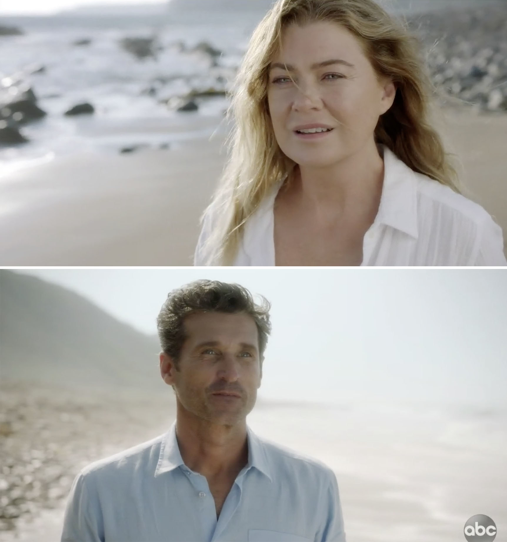 Derek and Meredith looking at each other on the beach