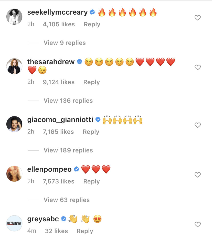 Ellen Pompeo, Giacomo Gianniotti, Sarah Drew, and Kelly McCreary commenting