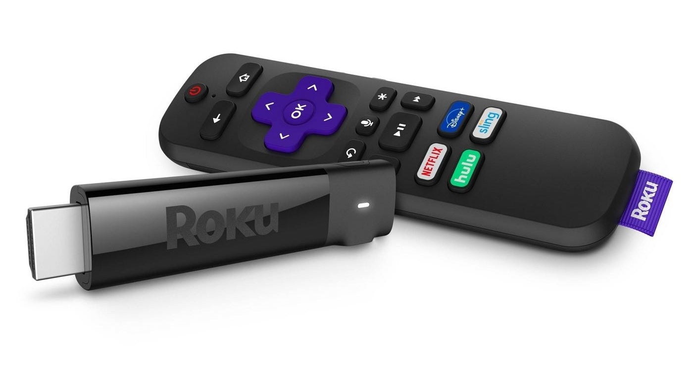 roku streaming stick and a remote on a white background