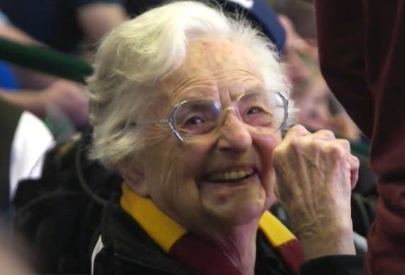 Sister Jean smiling in the crowd.