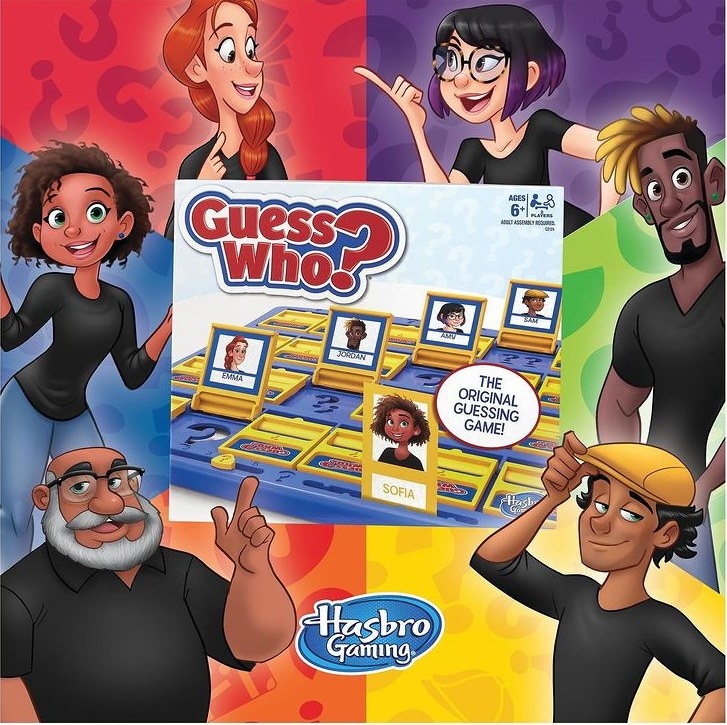 Advertising image for Hasbro Game Guess Who? with a number of cartoon faces.