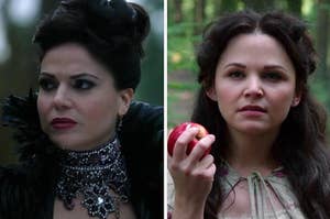 Ginnifer Goodwin as Snow White / Mary Margaret Blanchard and Lana Parrilla as the Evil Queen / Regina Mills in the show "Once Upon a Time."