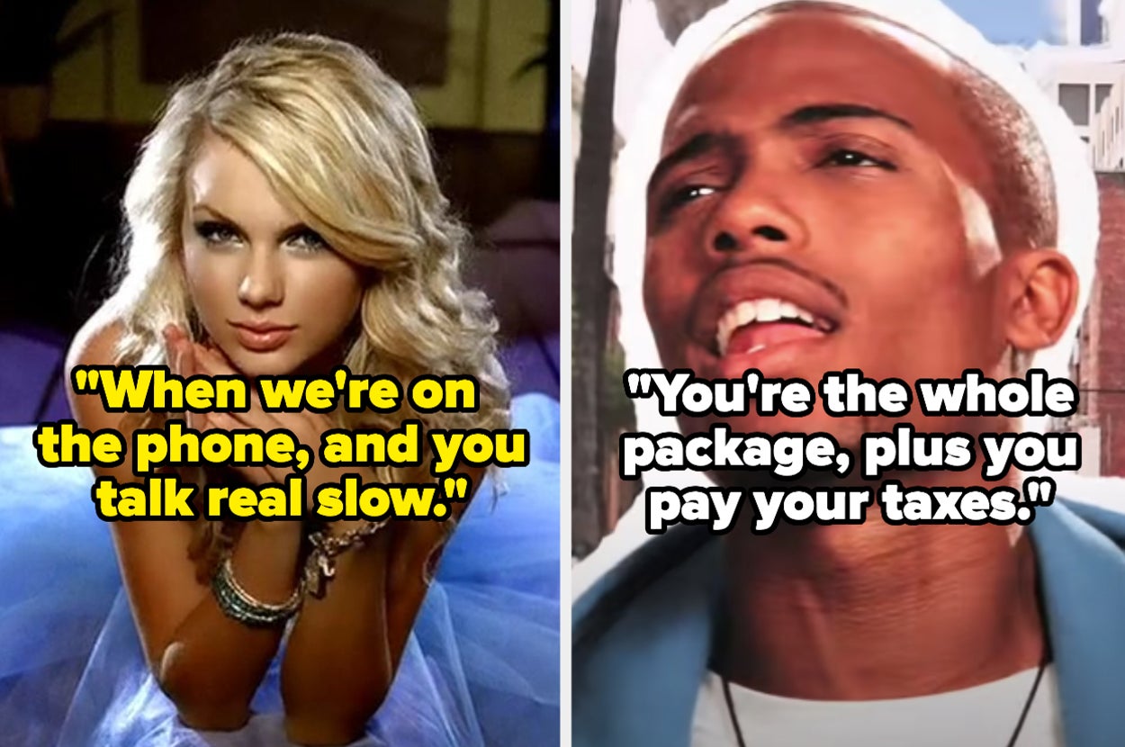 Taylor Swift's "Our Song" with lyrics saying, "When we're on the phone and you talk real slow" side by side with B.o.B's "Nothin' On You" and lyrics saying, "You're the whole package, plus you pay your taxes"