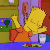 Bart Simpson waving his arms around at the kitchen table 