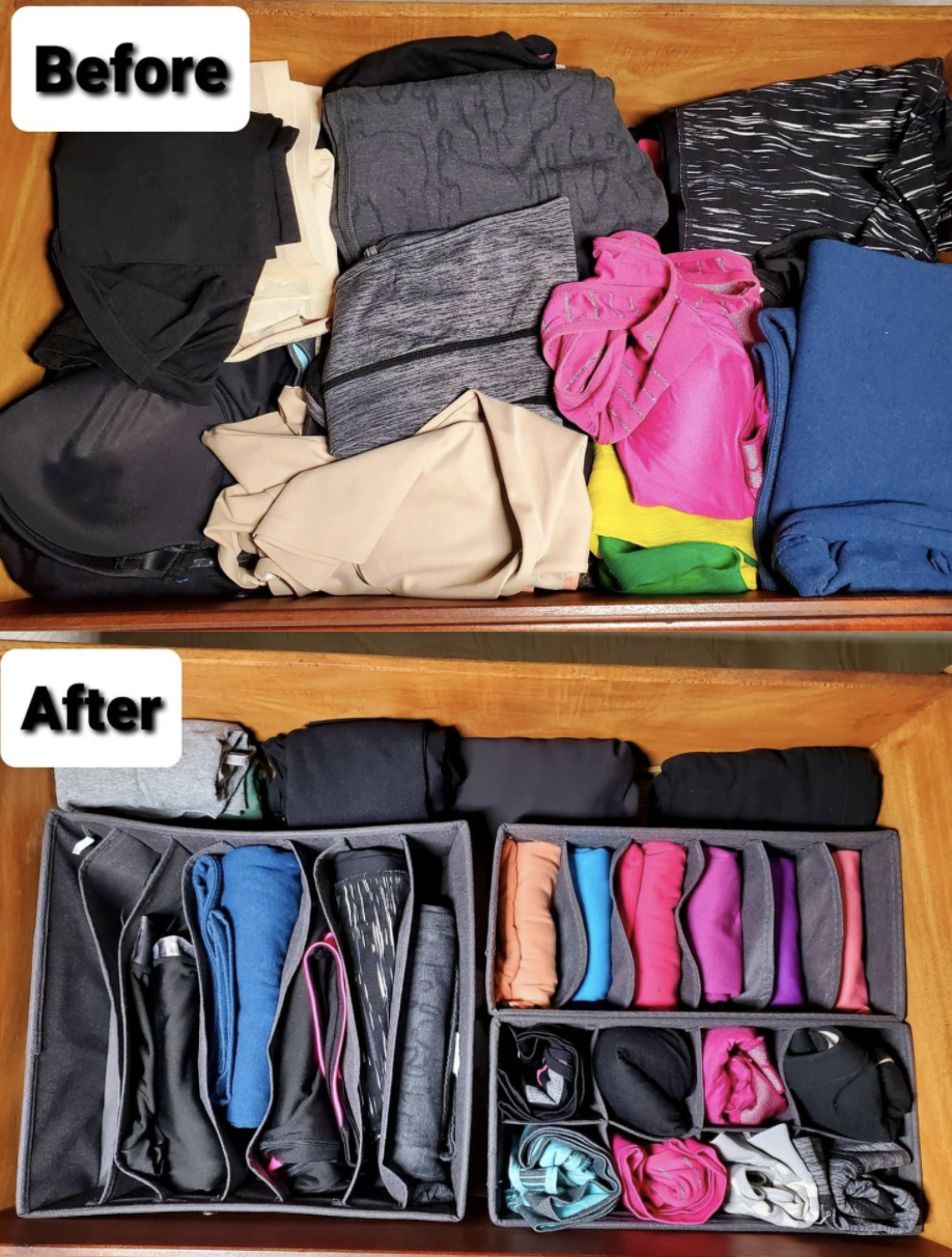 A customer review photo showing before and after using the inserts in their drawers