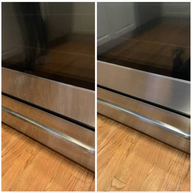 A customer review photo showing before and after using the polish on their oven