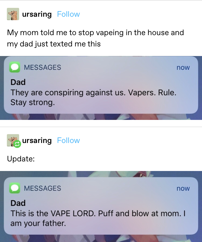 &quot;My mom told me to stop vaping in the house and my dad just texted me this: &#x27;They are conspiring against us. Vapers. Rule. Stay strong.&#x27; Update: &#x27;This is the VAPE LORD. Puff and blow at mom. I am your father&quot;