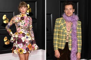 Pictures of Harry Styles and Taylor Swift individually on the red carpet at the 2021 Grammys