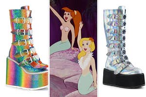 a pair of rainbow knee high boots on the left, two mermaids sitting on a rock in the middle, and a pair of silver knee high boots on the right