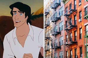 On the left, Prince Eric from "The Little Mermaid," and on the right, the exterior of an apartment building