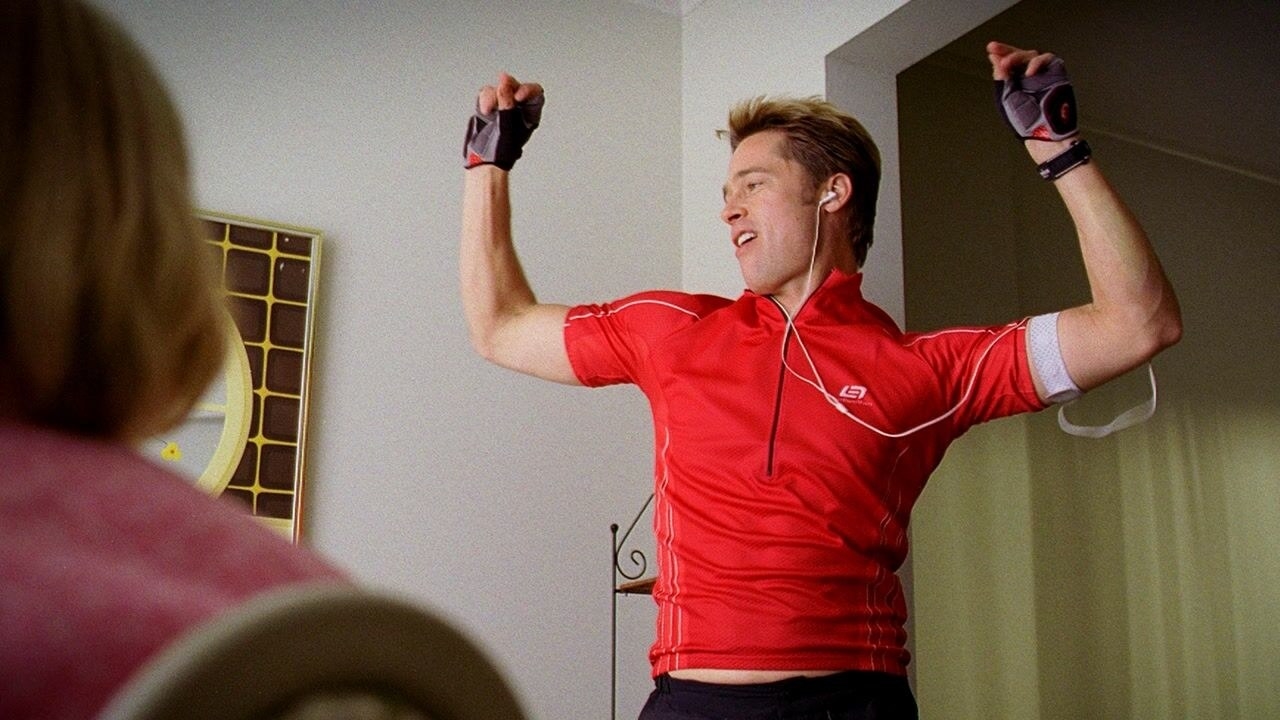 Brad Pitt&#x27;s character with his arms in the air