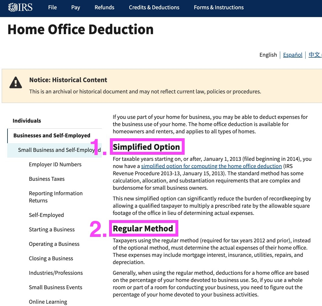 Screenshot of home office deduction options