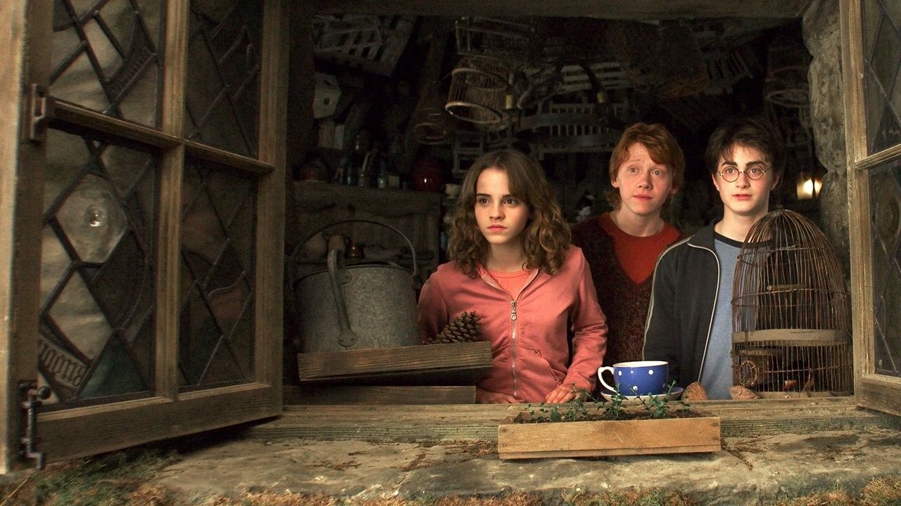 Daniel Radcliffe, Emma Watson, and Rupert Grint&#x27;s characters looking out a window