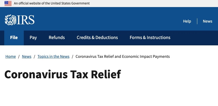 Screenshot of the IRS coronavirus tax relief page 