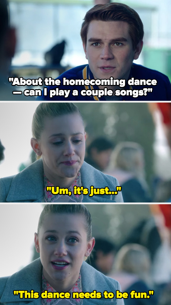 Archie asks if he can play songs at homecoming, Betty says the dance needs to be fun