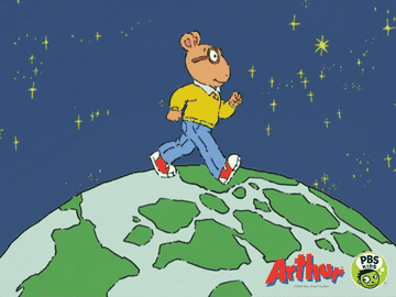 Snapshot of the opening credits to Arthur, with Arthur walking on a globe 