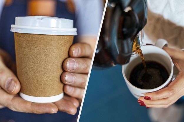 A cup of coffee and coffee being poured