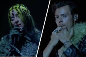 Billie wears a sparkling green jacket and jeweled head piece